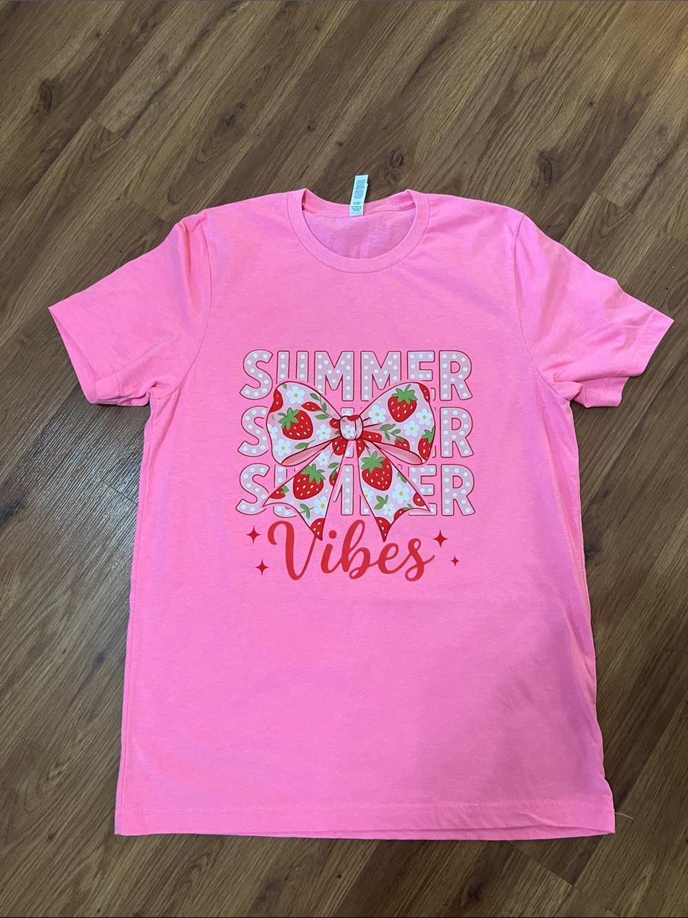 Bella Canvas Pink 'Summer Vibes' Graphic Tee with Strawberry Bow